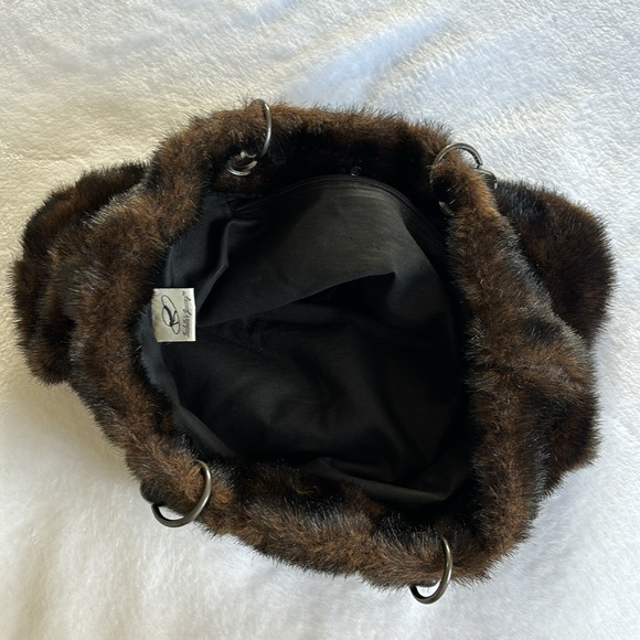 Vintage Faux Fur Handbag Wooden Handle Satchel purse Black / Brown - Picture 3 of 8